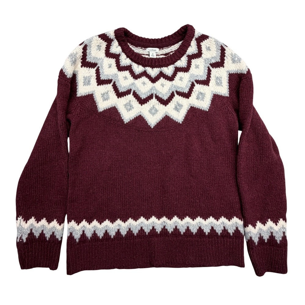 LL Bean Womens M Burgundy 100% Lambswool Fair Isle Yoke Crew Neck Sweater 517895